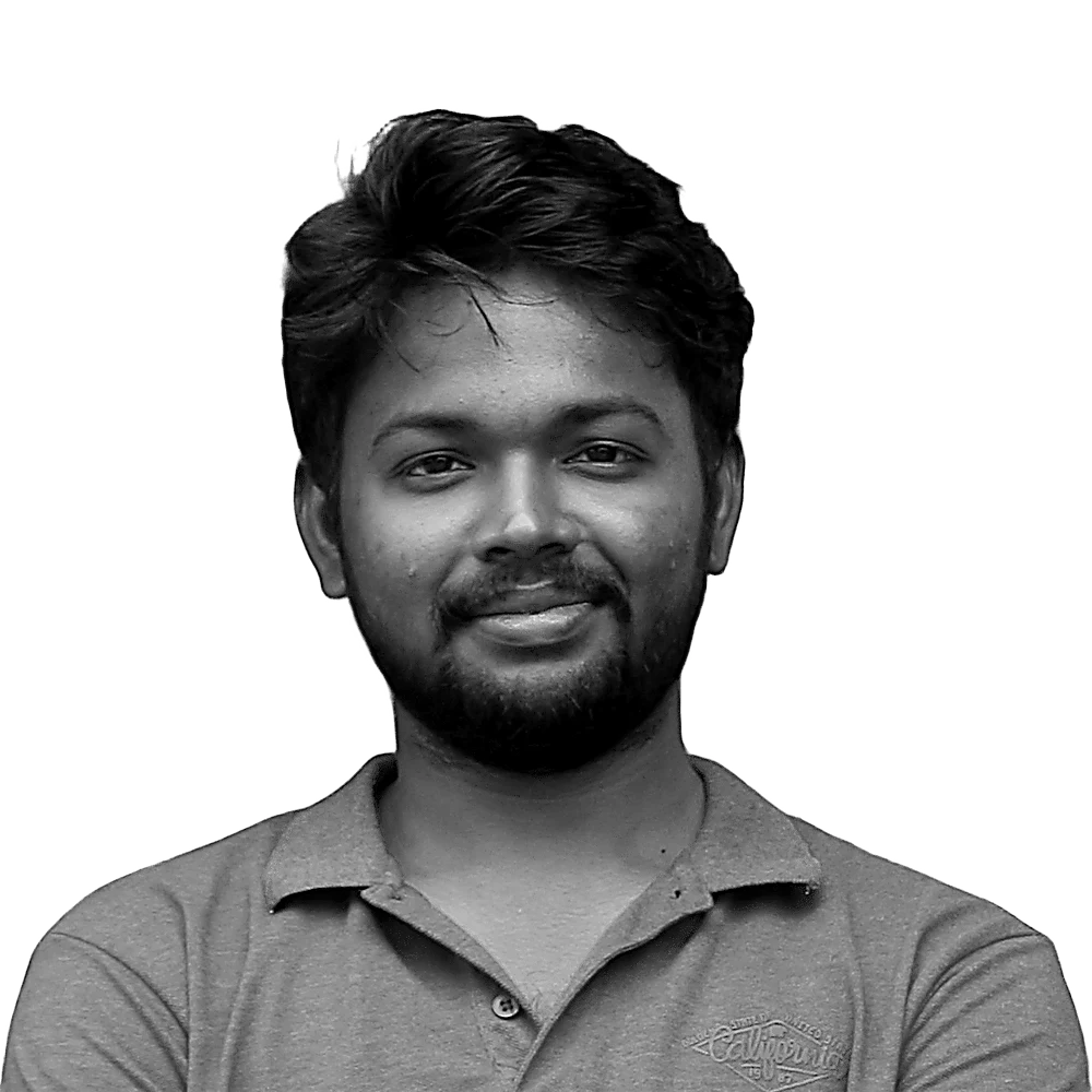 Head-and-shoulders portrait of Mukilan smiling in a collared shirt, printed as black dots